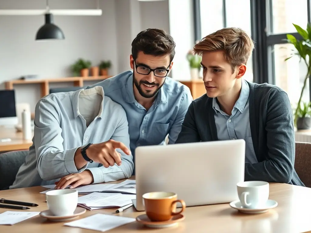 An entrepreneur is working on their laptop in a co-working space, with a business coach providing guidance and support. The focus is on developing a business plan and setting achievable milestones.