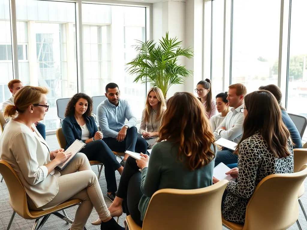 A coach is conducting a leadership training session with a team, focusing on communication skills, conflict resolution, and team building activities to foster a collaborative and high-performing work environment.